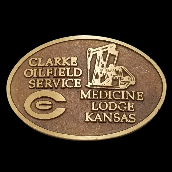 Vintage Clarke Oilfield Service Medicine Lodge Kansas Brass Belt Buckle‎